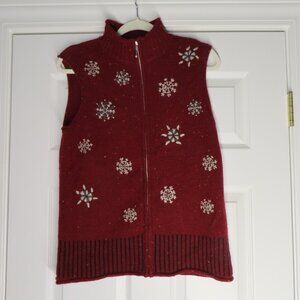 Hannah Wool Blend Snowflake Zip Up Sweater Vest Red Medium NWT Holiday Winter